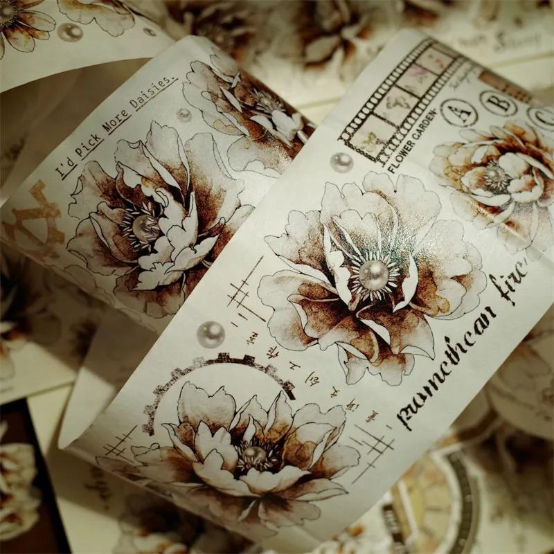 빈티지 브라운 대형 꽃 와시 및 PET 테이프, 스크랩북 카드 제작용 오리지널 마스킹 테이프, 접착 스티커